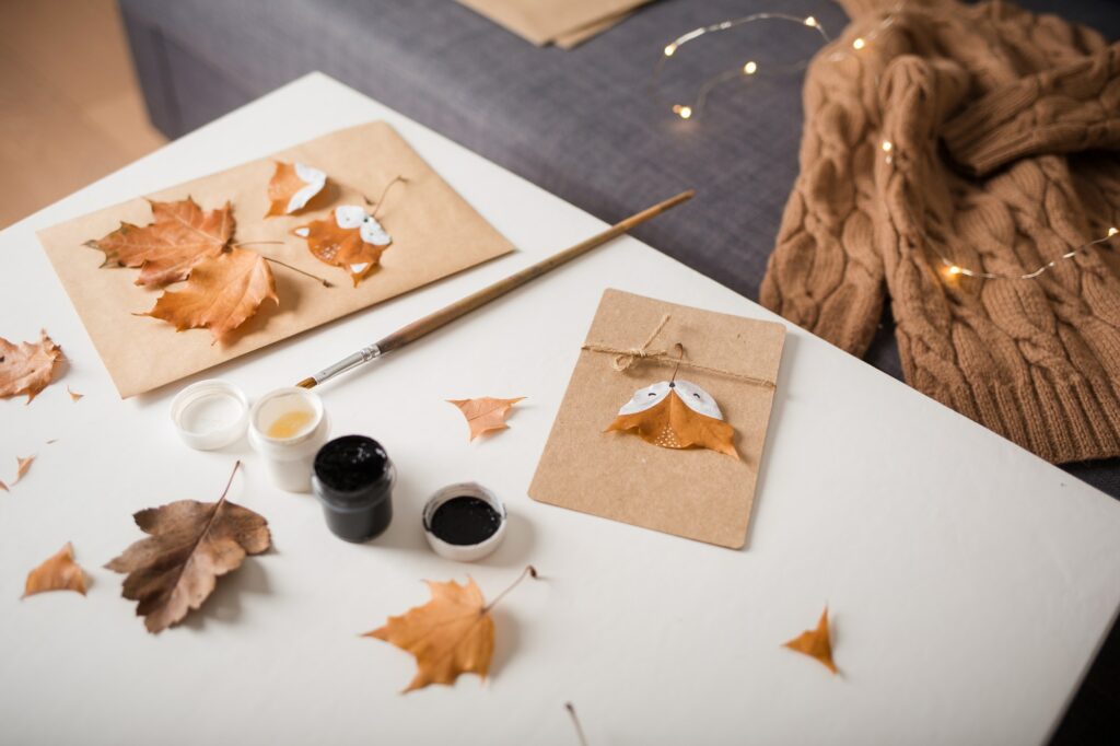 autumn craft for kids. animal Fox carved from maple leaf. childrens art and creative.